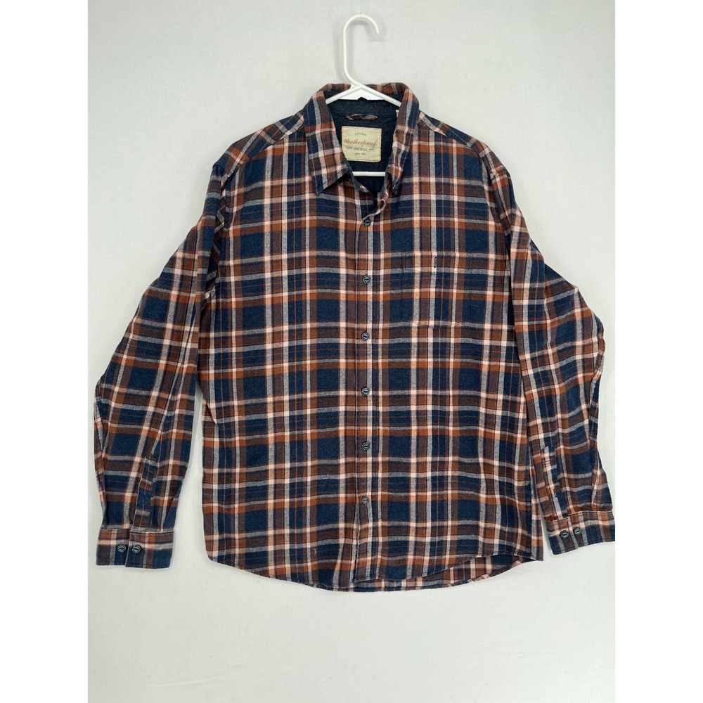 Weatherproof Vintage Plaid Flannel Shirt Mens Large Blue Orange Button Down L